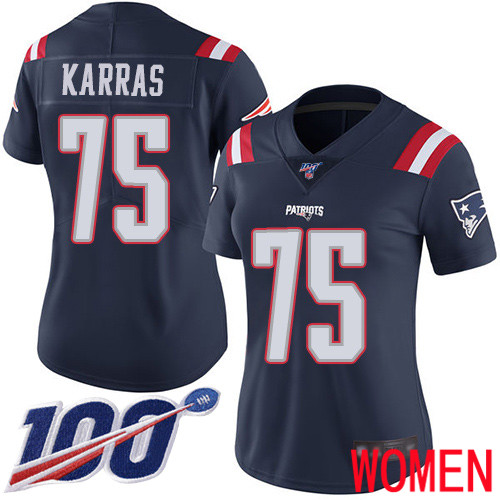 New England Patriots Football 75 100th Season Rush Vapor Limited Navy Blue Women Ted Karras NFL Jersey